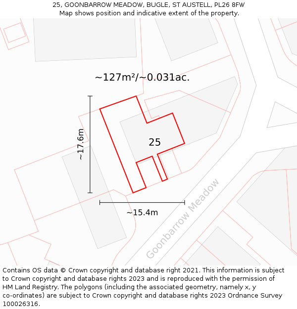 25, GOONBARROW MEADOW, BUGLE, ST AUSTELL, PL26 8FW: Plot and title map