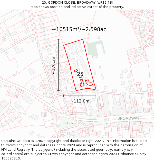 25, GORDON CLOSE, BROADWAY, WR12 7BJ: Plot and title map