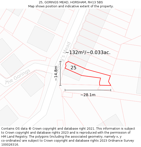 25, GORINGS MEAD, HORSHAM, RH13 5BS: Plot and title map