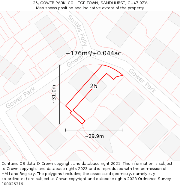 25, GOWER PARK, COLLEGE TOWN, SANDHURST, GU47 0ZA: Plot and title map