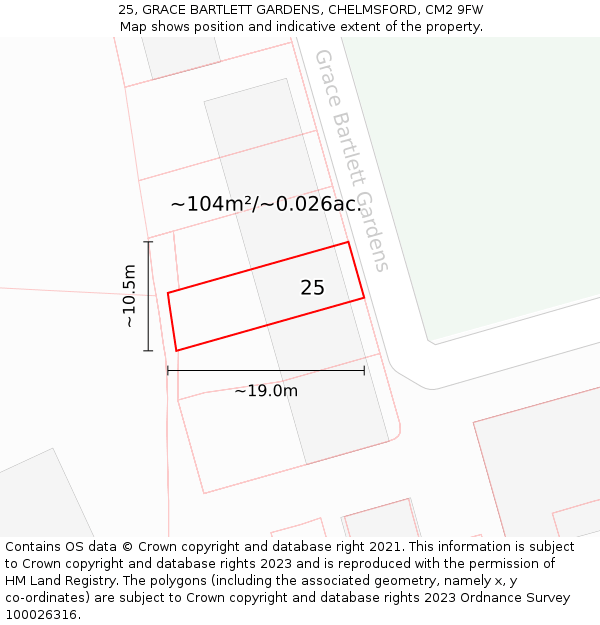 25, GRACE BARTLETT GARDENS, CHELMSFORD, CM2 9FW: Plot and title map