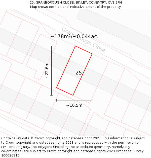 25, GRANBOROUGH CLOSE, BINLEY, COVENTRY, CV3 2FH: Plot and title map