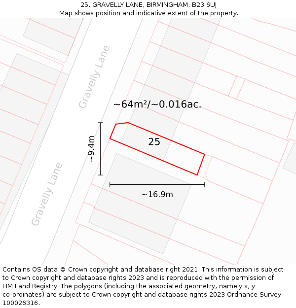 25, GRAVELLY LANE, BIRMINGHAM, B23 6UJ: Plot and title map