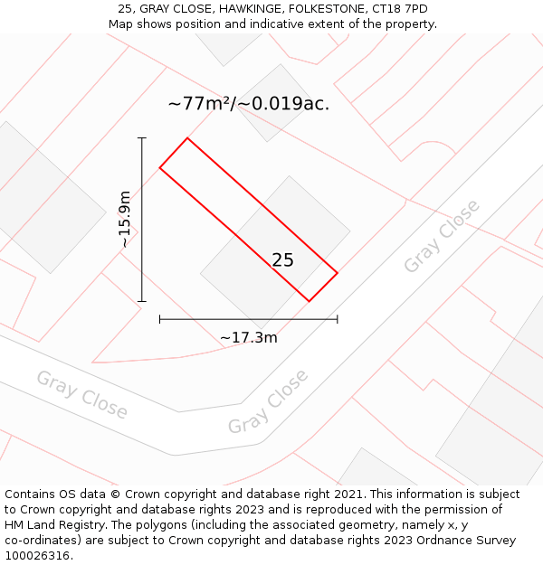 25, GRAY CLOSE, HAWKINGE, FOLKESTONE, CT18 7PD: Plot and title map