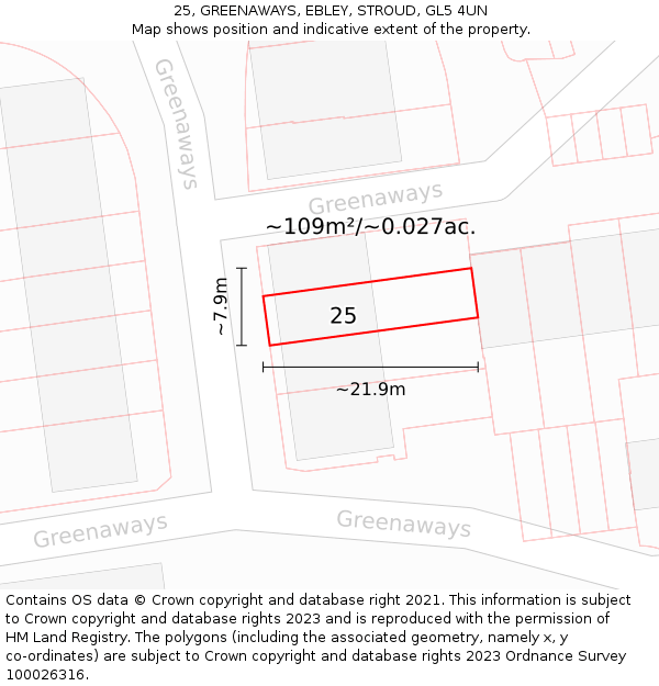 25, GREENAWAYS, EBLEY, STROUD, GL5 4UN: Plot and title map