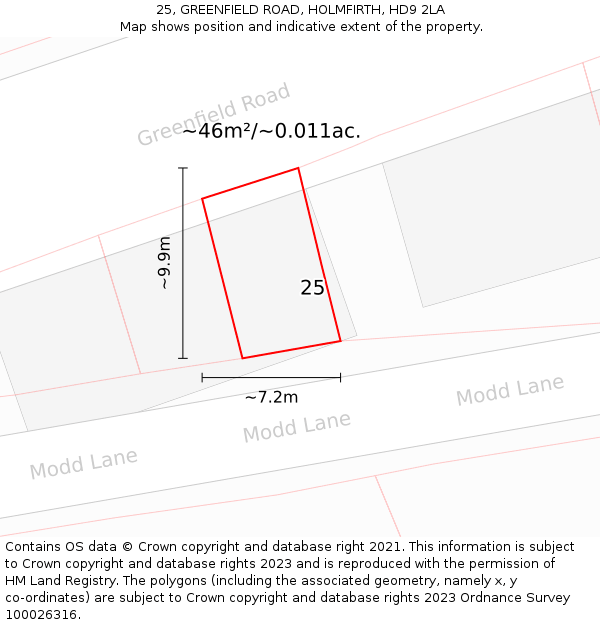 25, GREENFIELD ROAD, HOLMFIRTH, HD9 2LA: Plot and title map