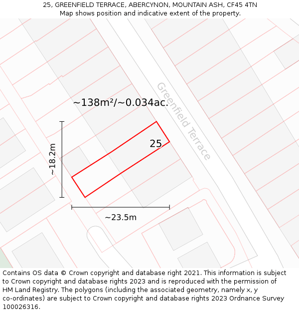 25, GREENFIELD TERRACE, ABERCYNON, MOUNTAIN ASH, CF45 4TN: Plot and title map