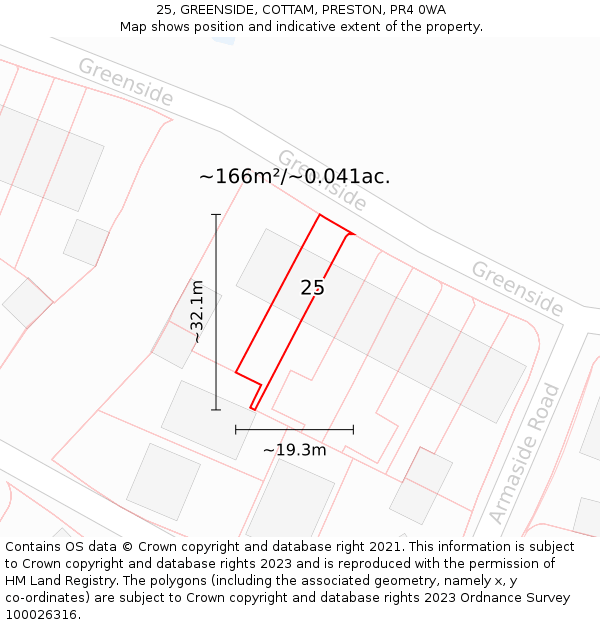 25, GREENSIDE, COTTAM, PRESTON, PR4 0WA: Plot and title map
