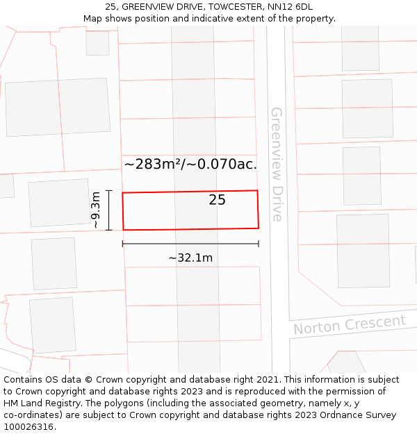 25, GREENVIEW DRIVE, TOWCESTER, NN12 6DL: Plot and title map