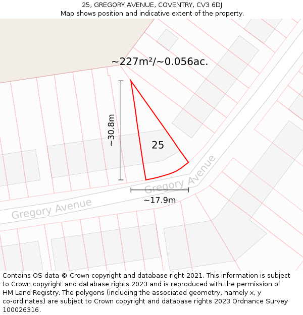 25, GREGORY AVENUE, COVENTRY, CV3 6DJ: Plot and title map