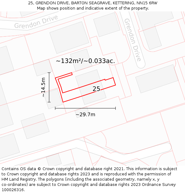 25, GRENDON DRIVE, BARTON SEAGRAVE, KETTERING, NN15 6RW: Plot and title map