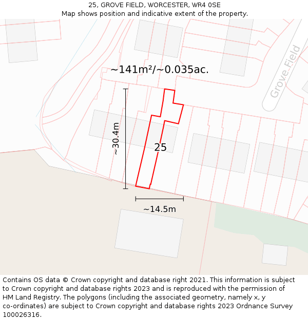 25, GROVE FIELD, WORCESTER, WR4 0SE: Plot and title map