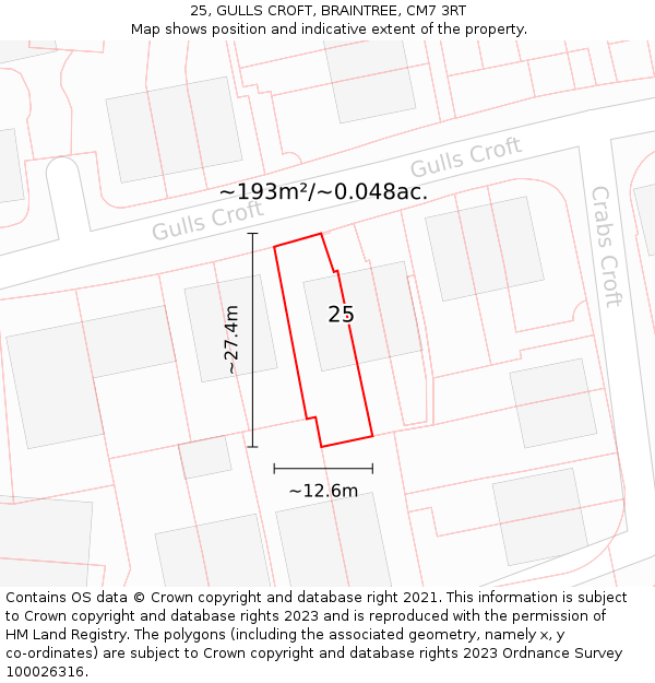 25, GULLS CROFT, BRAINTREE, CM7 3RT: Plot and title map