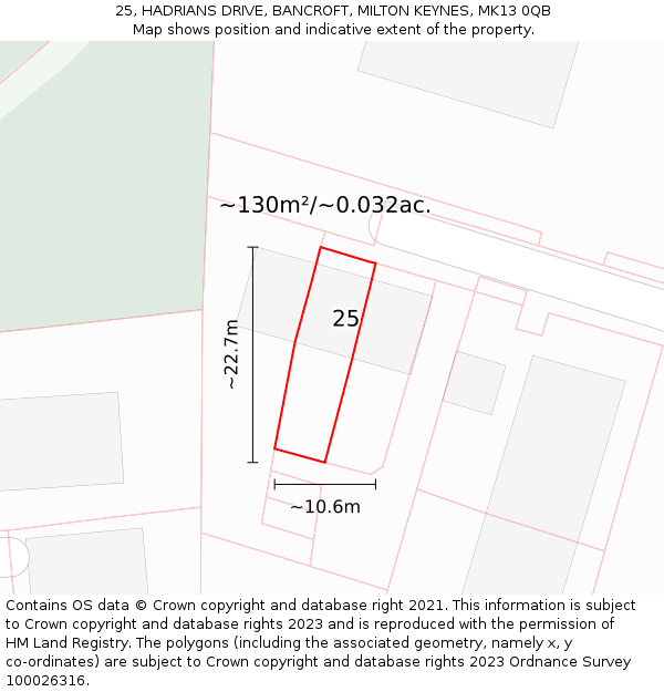 25, HADRIANS DRIVE, BANCROFT, MILTON KEYNES, MK13 0QB: Plot and title map