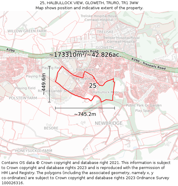25, HALBULLOCK VIEW, GLOWETH, TRURO, TR1 3WW: Plot and title map