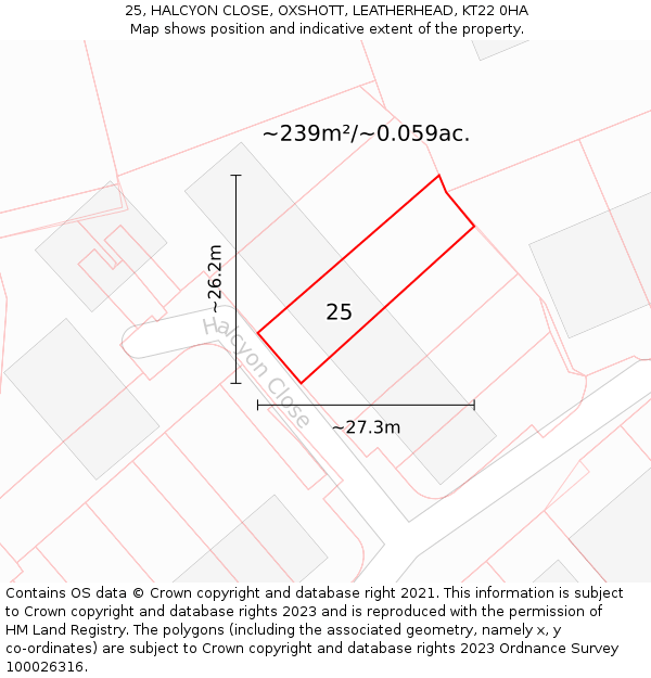 25, HALCYON CLOSE, OXSHOTT, LEATHERHEAD, KT22 0HA: Plot and title map