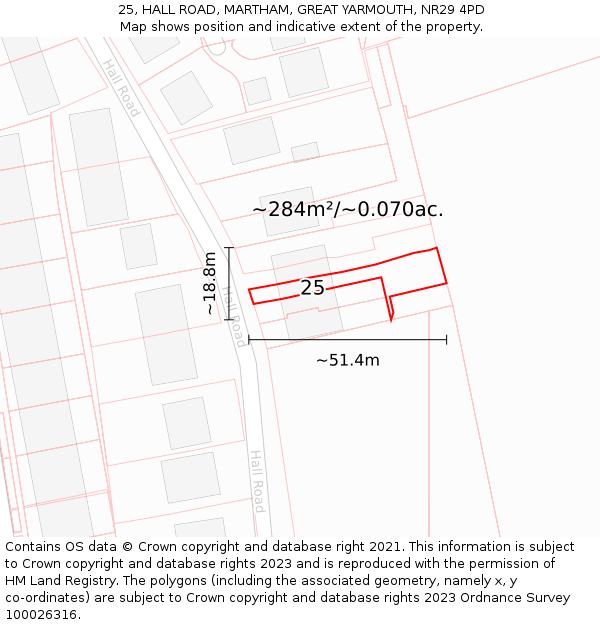 25, HALL ROAD, MARTHAM, GREAT YARMOUTH, NR29 4PD: Plot and title map