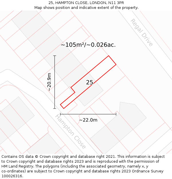 25, HAMPTON CLOSE, LONDON, N11 3PR: Plot and title map