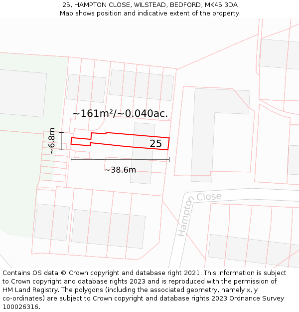 25, HAMPTON CLOSE, WILSTEAD, BEDFORD, MK45 3DA: Plot and title map