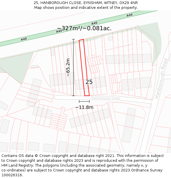 25, HANBOROUGH CLOSE, EYNSHAM, WITNEY, OX29 4NR: Plot and title map