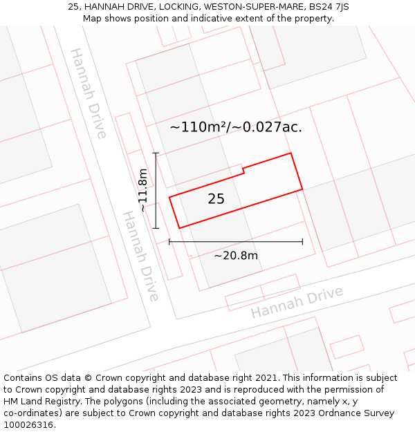 25, HANNAH DRIVE, LOCKING, WESTON-SUPER-MARE, BS24 7JS: Plot and title map