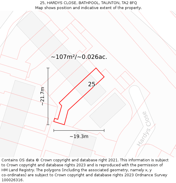 25, HARDYS CLOSE, BATHPOOL, TAUNTON, TA2 8FQ: Plot and title map