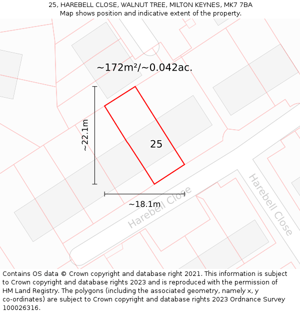 25, HAREBELL CLOSE, WALNUT TREE, MILTON KEYNES, MK7 7BA: Plot and title map