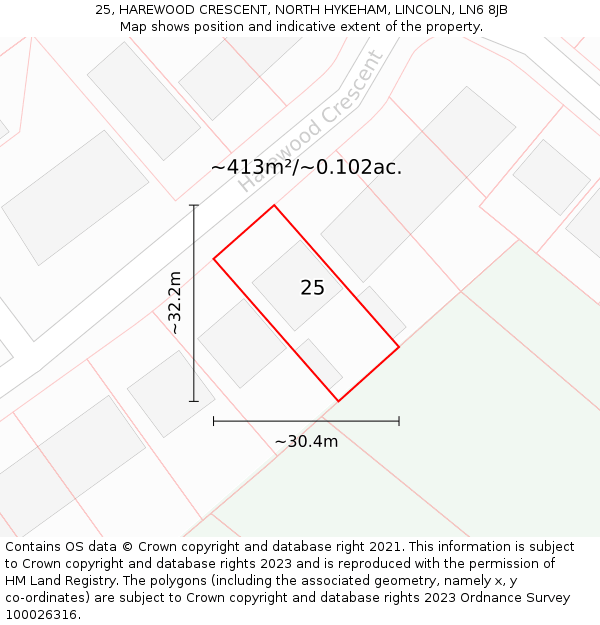 25, HAREWOOD CRESCENT, NORTH HYKEHAM, LINCOLN, LN6 8JB: Plot and title map