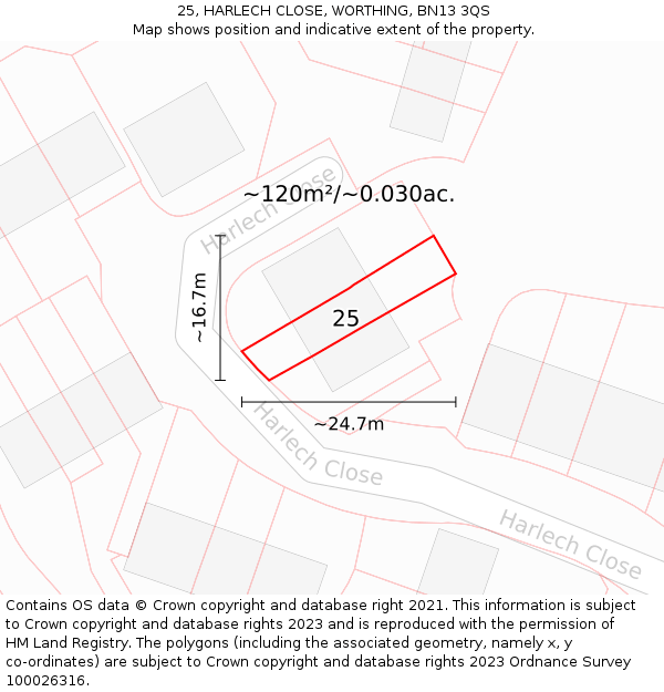 25, HARLECH CLOSE, WORTHING, BN13 3QS: Plot and title map