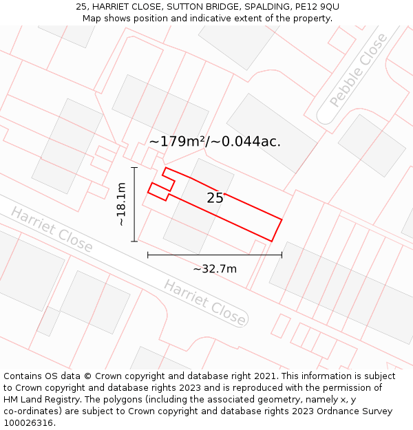 25, HARRIET CLOSE, SUTTON BRIDGE, SPALDING, PE12 9QU: Plot and title map