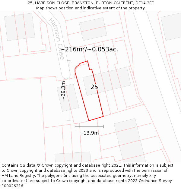 25, HARRISON CLOSE, BRANSTON, BURTON-ON-TRENT, DE14 3EF: Plot and title map