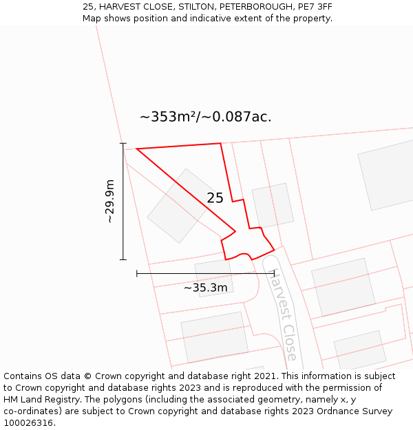 25, HARVEST CLOSE, STILTON, PETERBOROUGH, PE7 3FF: Plot and title map