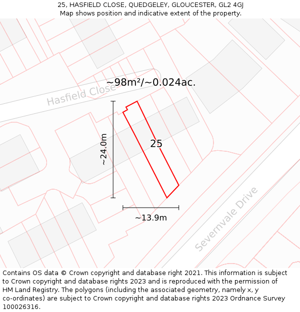 25, HASFIELD CLOSE, QUEDGELEY, GLOUCESTER, GL2 4GJ: Plot and title map
