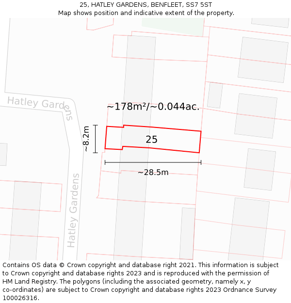 25, HATLEY GARDENS, BENFLEET, SS7 5ST: Plot and title map