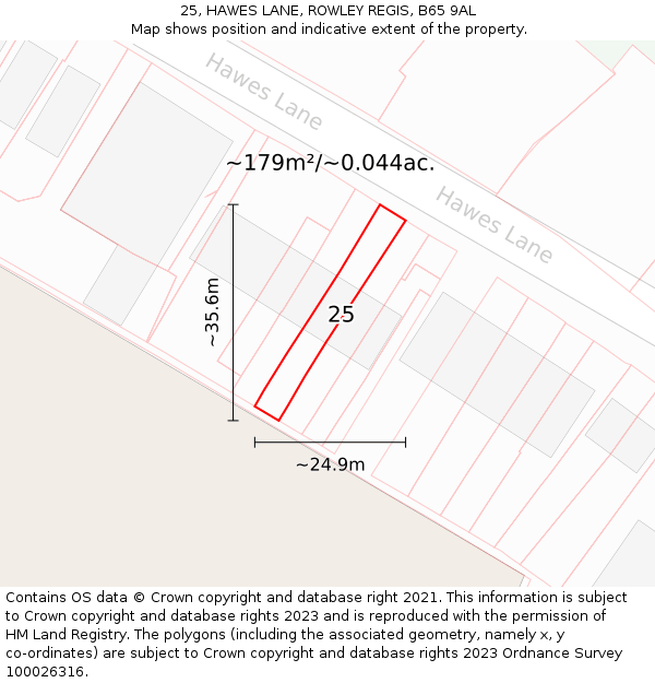 25, HAWES LANE, ROWLEY REGIS, B65 9AL: Plot and title map