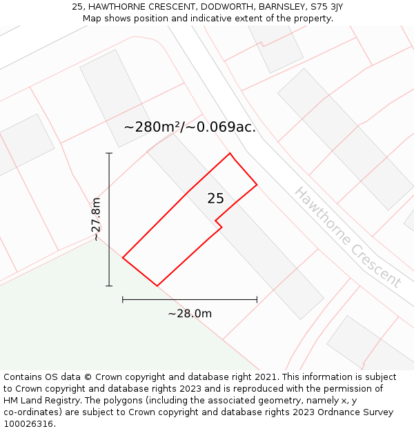25, HAWTHORNE CRESCENT, DODWORTH, BARNSLEY, S75 3JY: Plot and title map