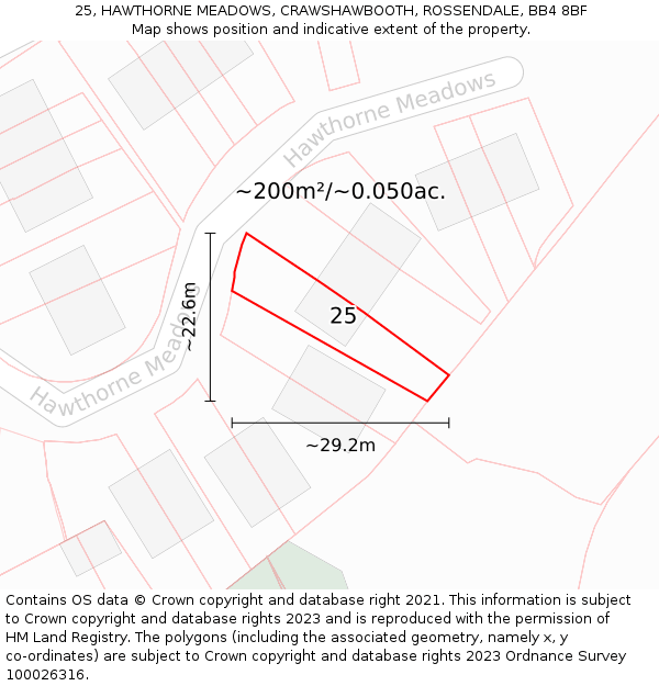 25, HAWTHORNE MEADOWS, CRAWSHAWBOOTH, ROSSENDALE, BB4 8BF: Plot and title map