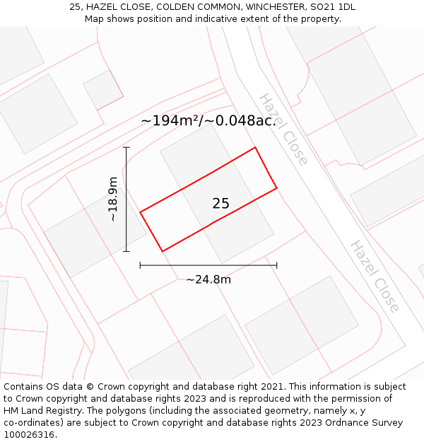 25, HAZEL CLOSE, COLDEN COMMON, WINCHESTER, SO21 1DL: Plot and title map
