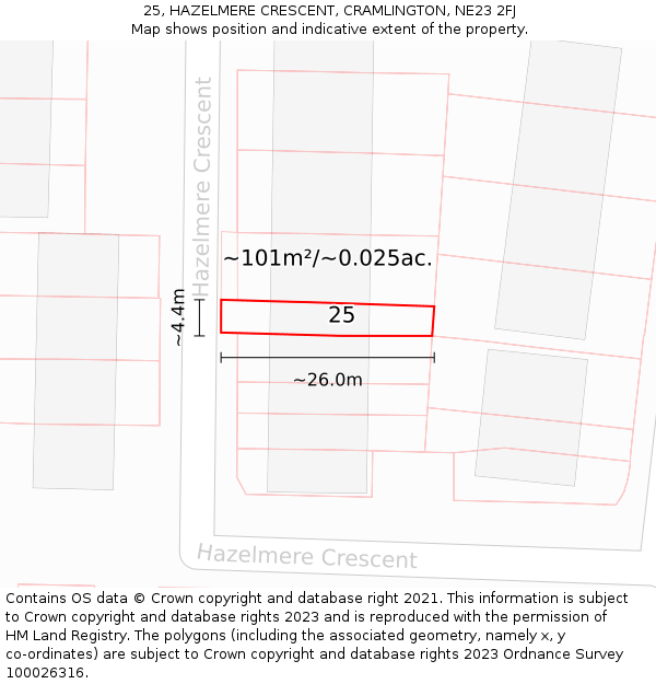 25, HAZELMERE CRESCENT, CRAMLINGTON, NE23 2FJ: Plot and title map