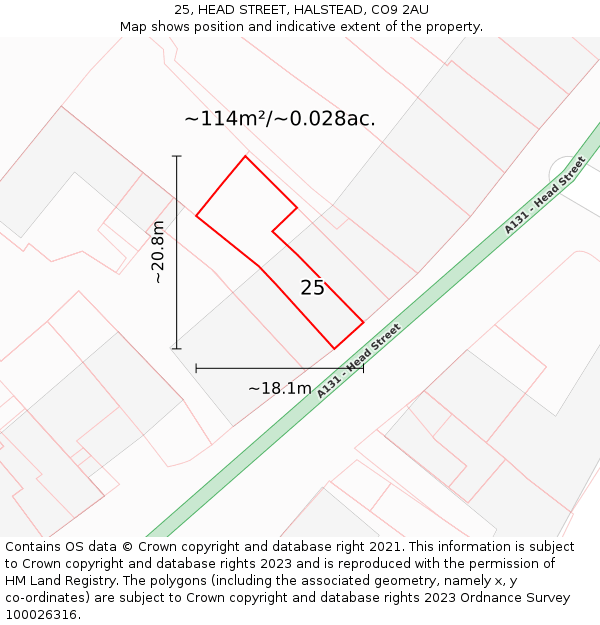 25, HEAD STREET, HALSTEAD, CO9 2AU: Plot and title map
