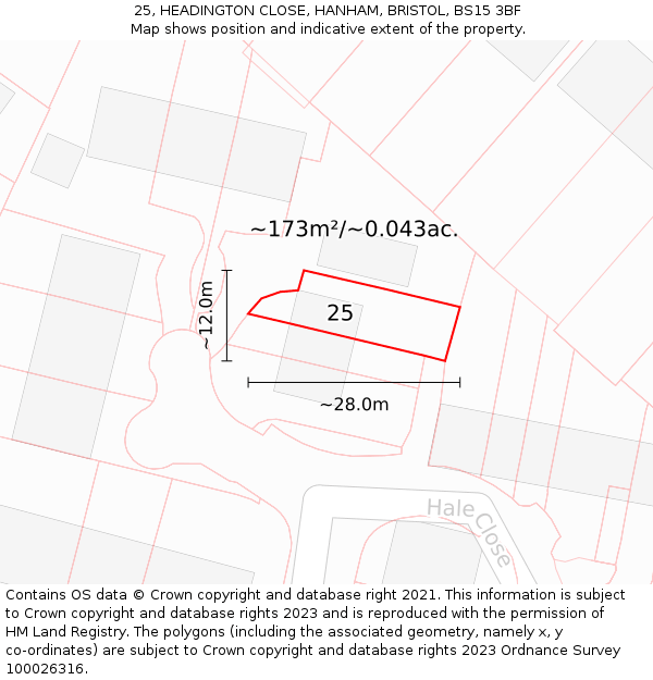 25, HEADINGTON CLOSE, HANHAM, BRISTOL, BS15 3BF: Plot and title map