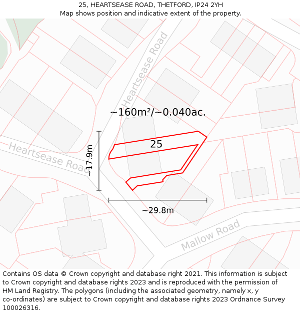 25, HEARTSEASE ROAD, THETFORD, IP24 2YH: Plot and title map
