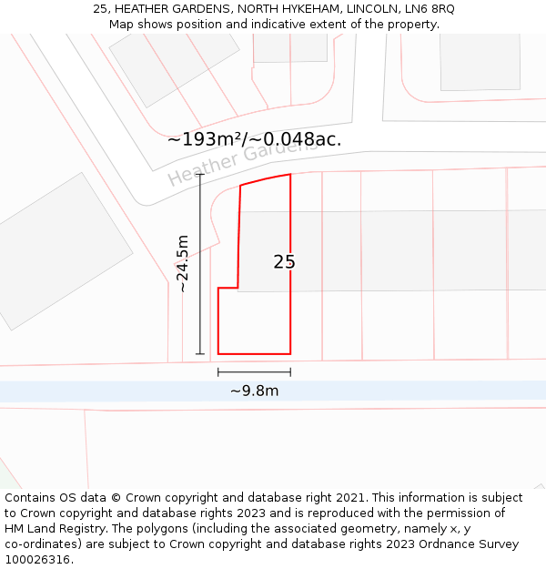 25, HEATHER GARDENS, NORTH HYKEHAM, LINCOLN, LN6 8RQ: Plot and title map