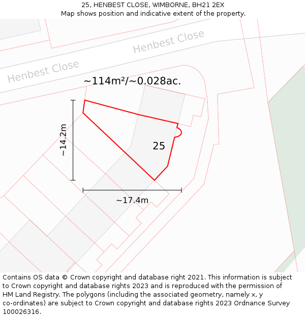 25, HENBEST CLOSE, WIMBORNE, BH21 2EX: Plot and title map