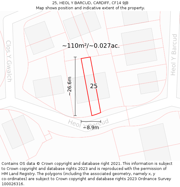 25, HEOL Y BARCUD, CARDIFF, CF14 9JB: Plot and title map