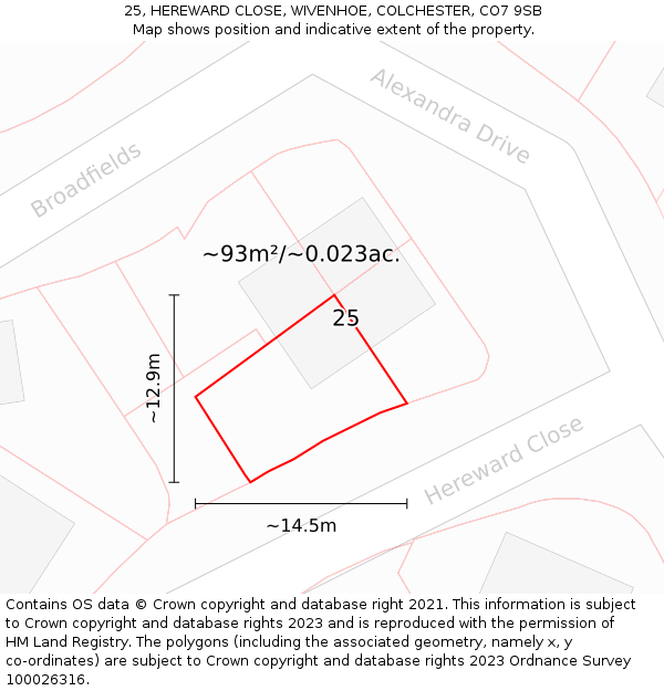 25, HEREWARD CLOSE, WIVENHOE, COLCHESTER, CO7 9SB: Plot and title map