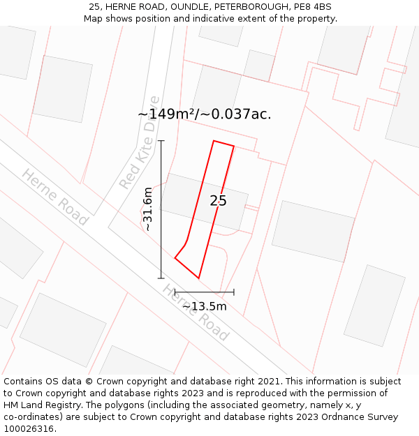 25, HERNE ROAD, OUNDLE, PETERBOROUGH, PE8 4BS: Plot and title map