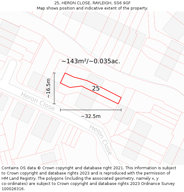 25, HERON CLOSE, RAYLEIGH, SS6 9GF: Plot and title map