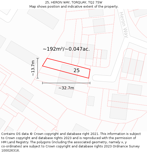 25, HERON WAY, TORQUAY, TQ2 7SW: Plot and title map