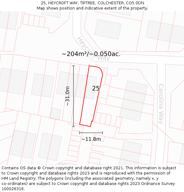 25, HEYCROFT WAY, TIPTREE, COLCHESTER, CO5 0DN: Plot and title map